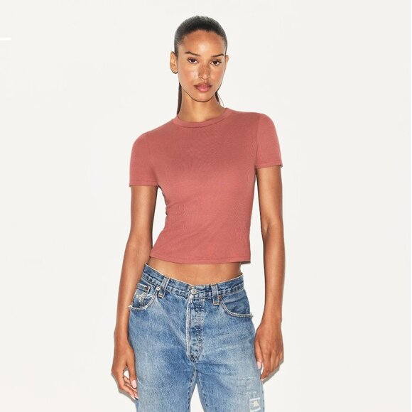 Skims Cotton Rib T-Shirt in Redwood, Size Small - Picture 2 of 8